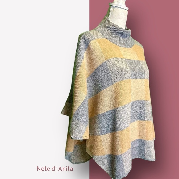 NWT Note di Anita Women's Gray and Tan Checkered Wool Blend Sweater Cape OS - Picture 11 of 12